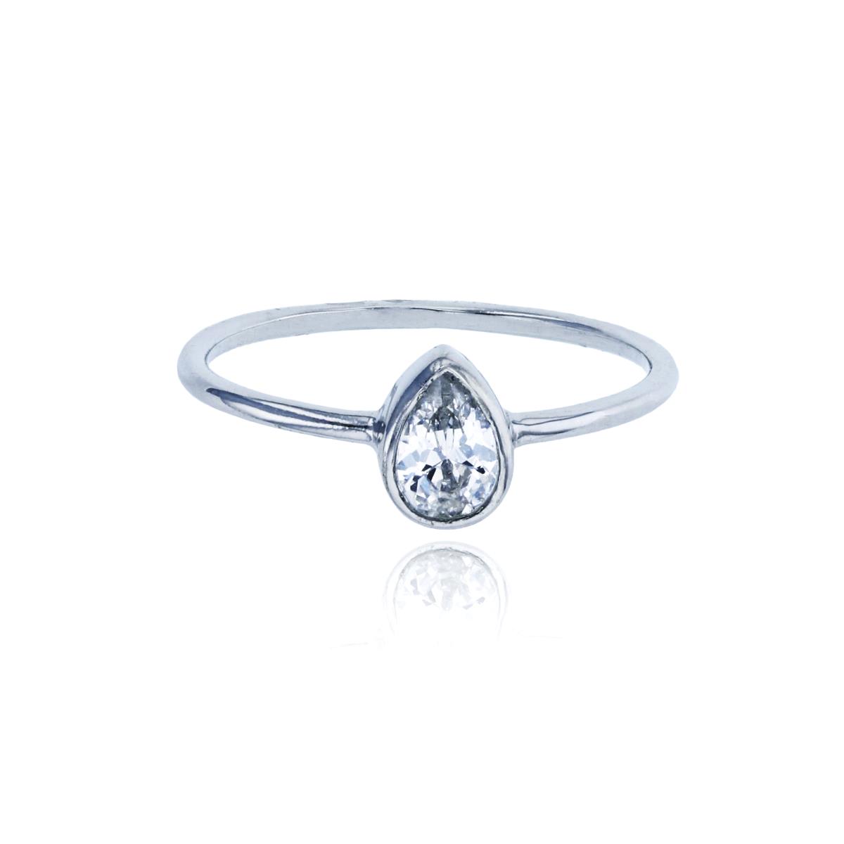 Sterling Silver Rhodium 6mm Pear Cut CZ Bezel Solitaire Ring