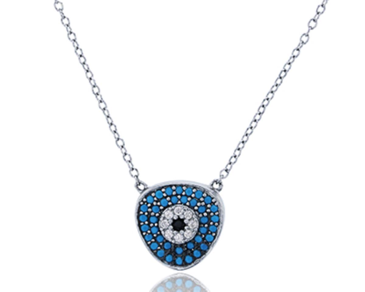 Sterling Silver Rhodium Micropave Turquiose,White & Black CZ 18" Evil Eye Necklace