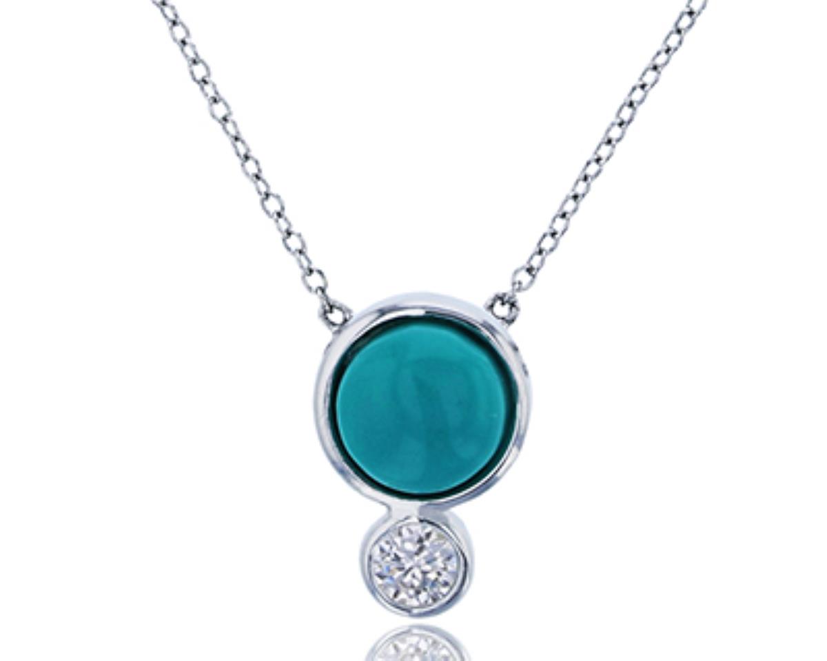 Sterling Silver Rhodium 2-Stone Round Cut Turquoise & Clear CZ Bezel 18" Necklace