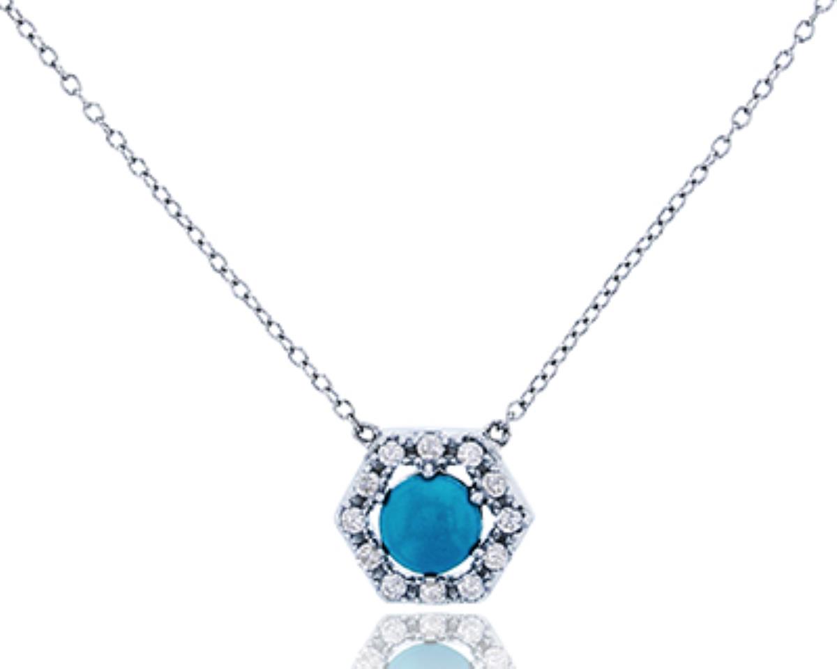 Sterling Silver Rhodium Micropave Turquoise and Clear CZ Hexagon 18" Necklace