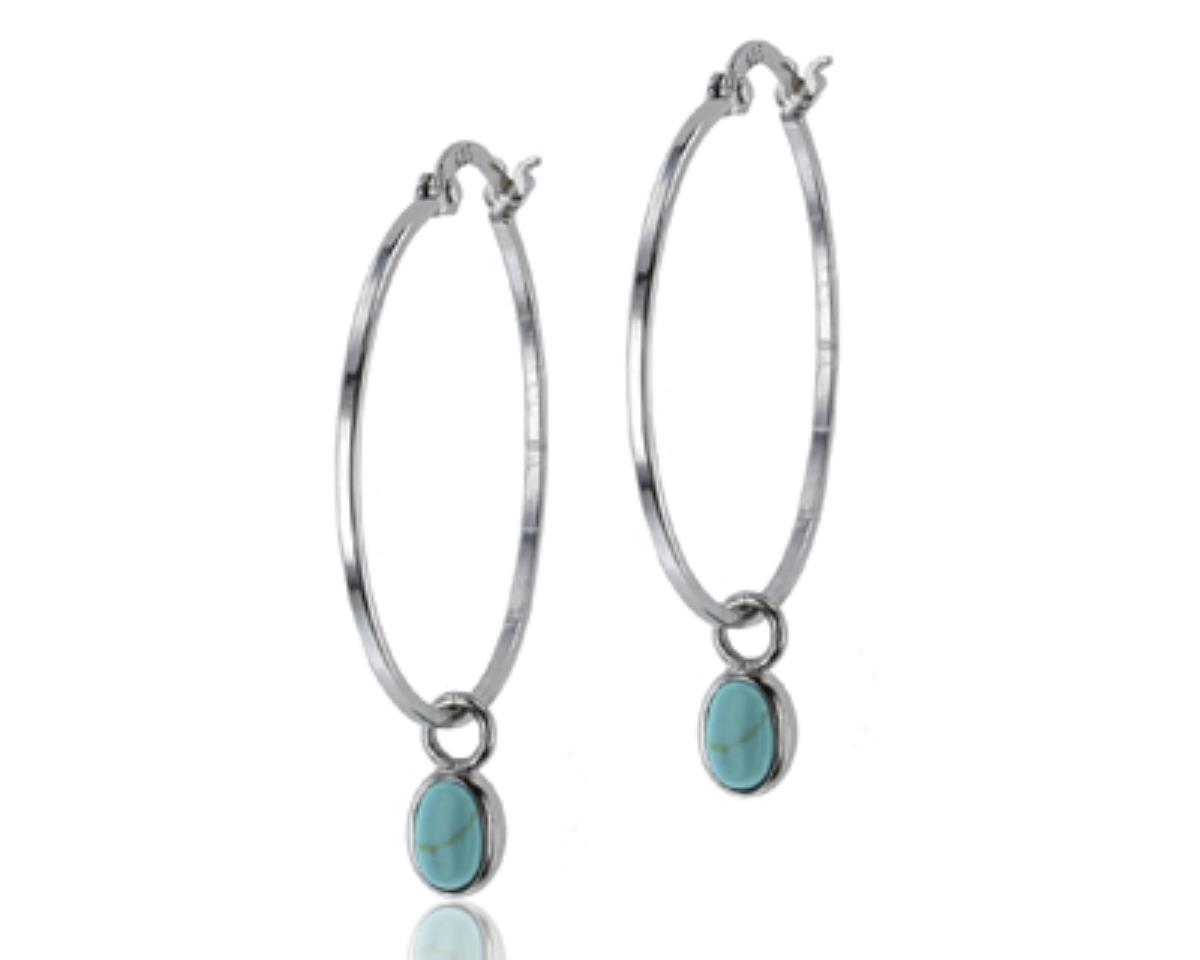 Sterling Silver Rhodium Polished Dangling Oval Cut Turquoise Hoop Earring