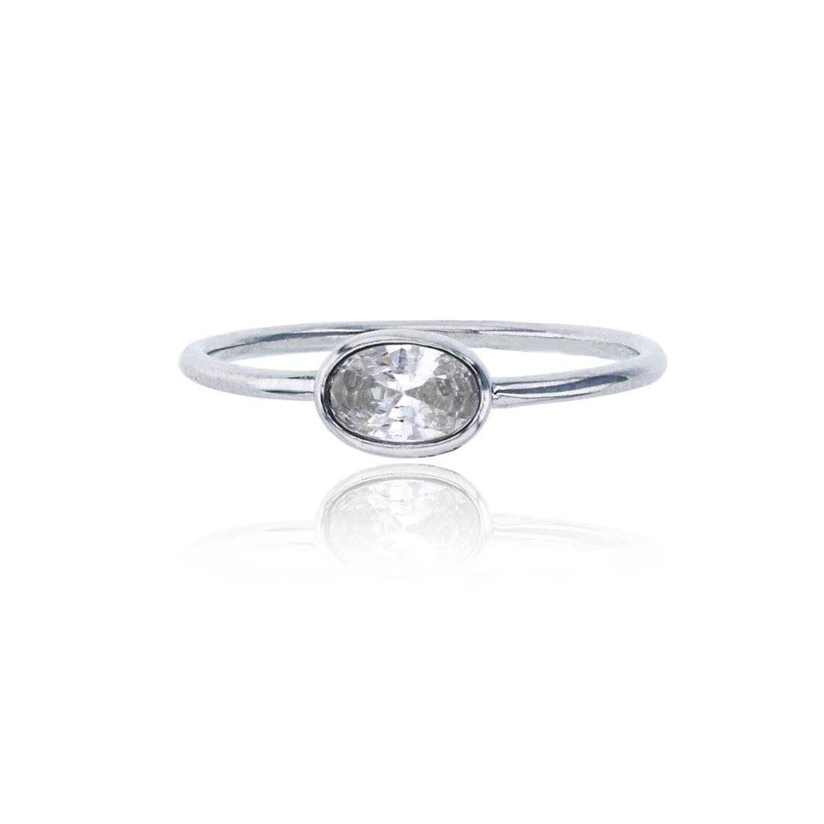 Sterling Silver Rhodium Polished Oval Cut CZ Bezel Solitaire Ring