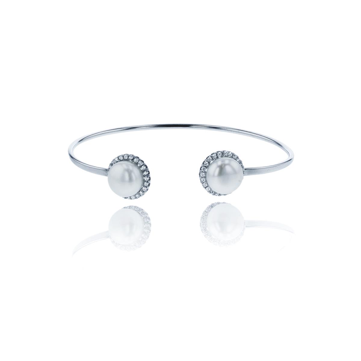 Sterling Silver Rhodium 8mm Fresh Water Pearl and CZ Halo Bangle Bracelet