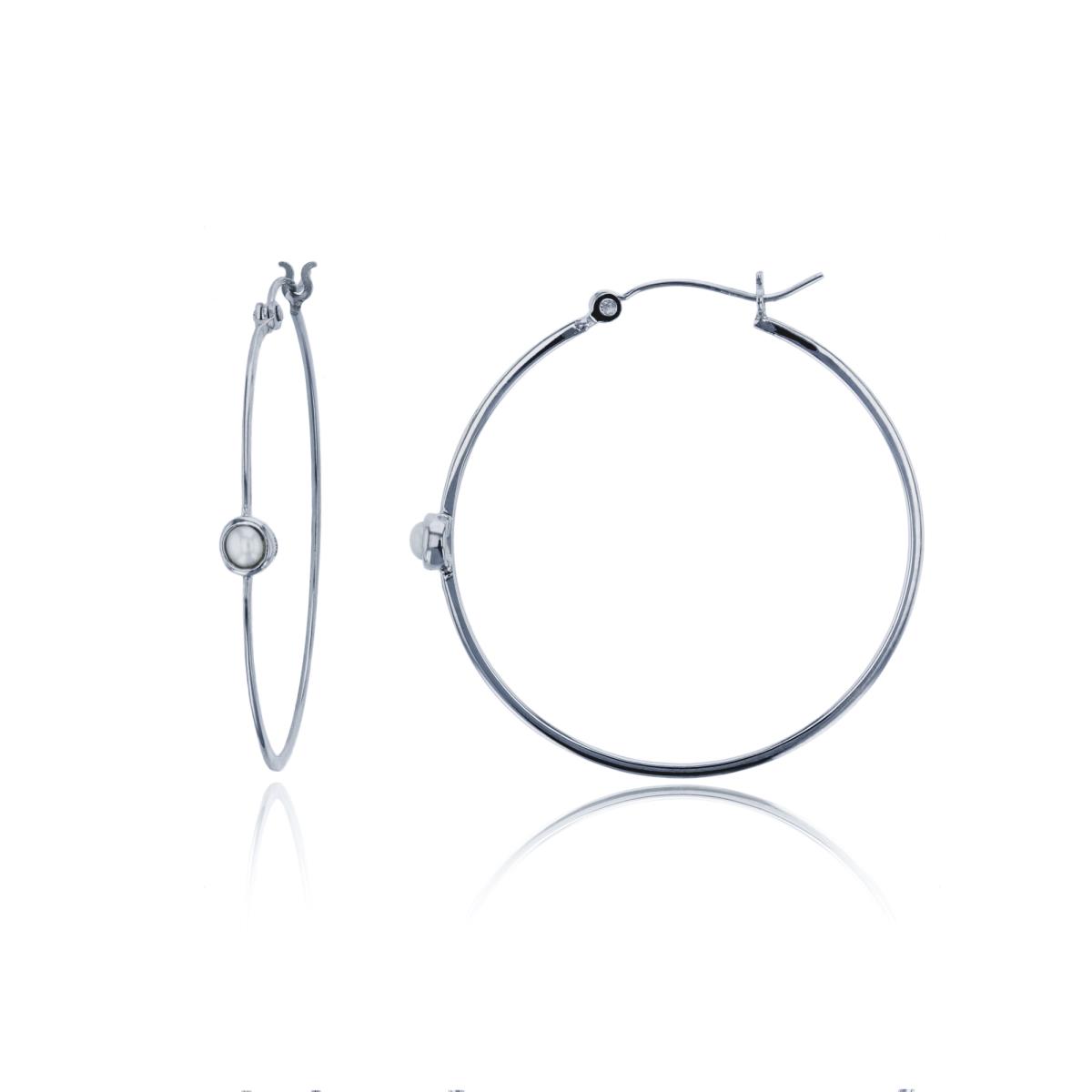 Sterling Silver Rhodium Polished Fresh Water Pearl Bezel 4x40mm Hoop Earring
