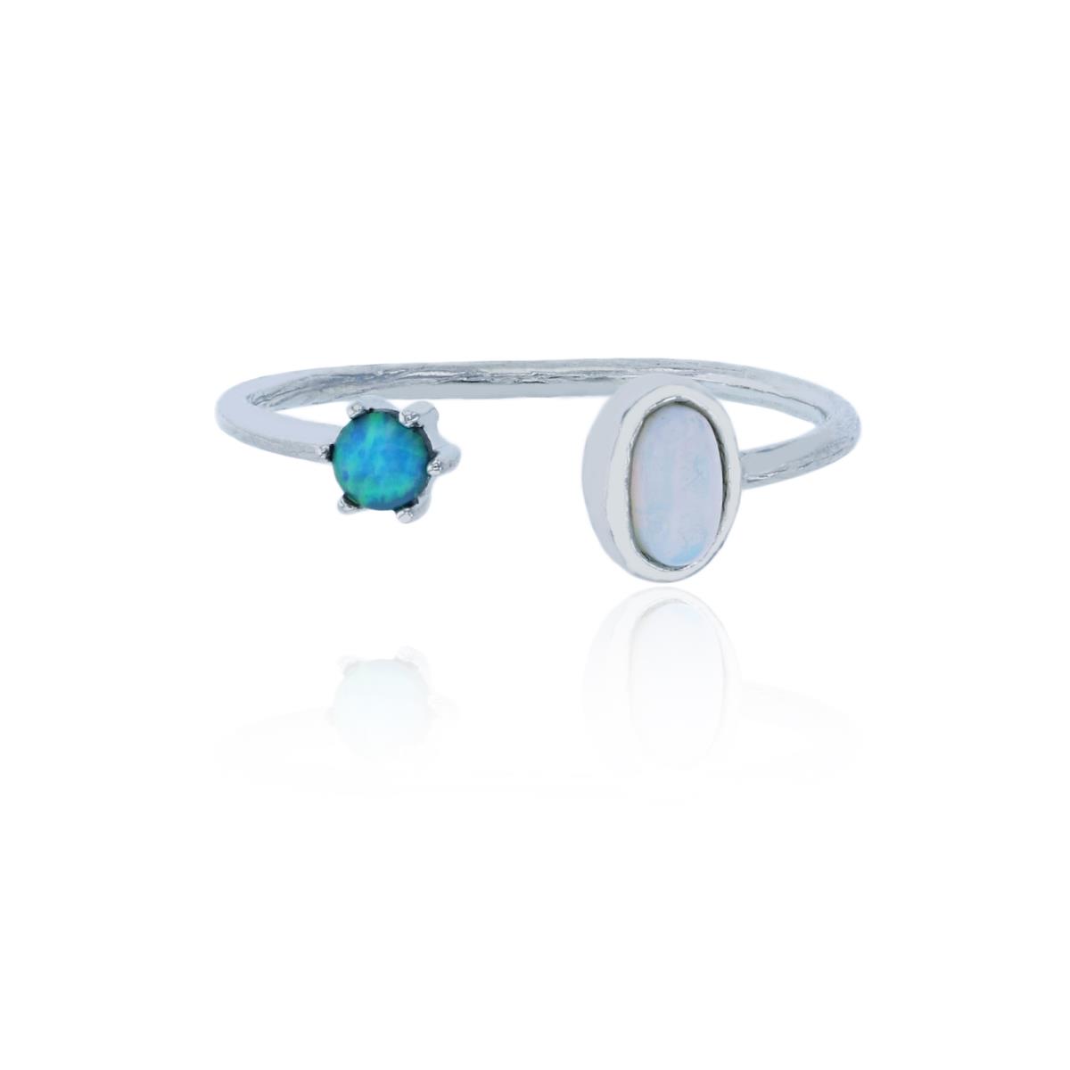 Sterling Silver Rhodium 2-Stone White Oval Glass & Created Rd Opal Fashion Ring