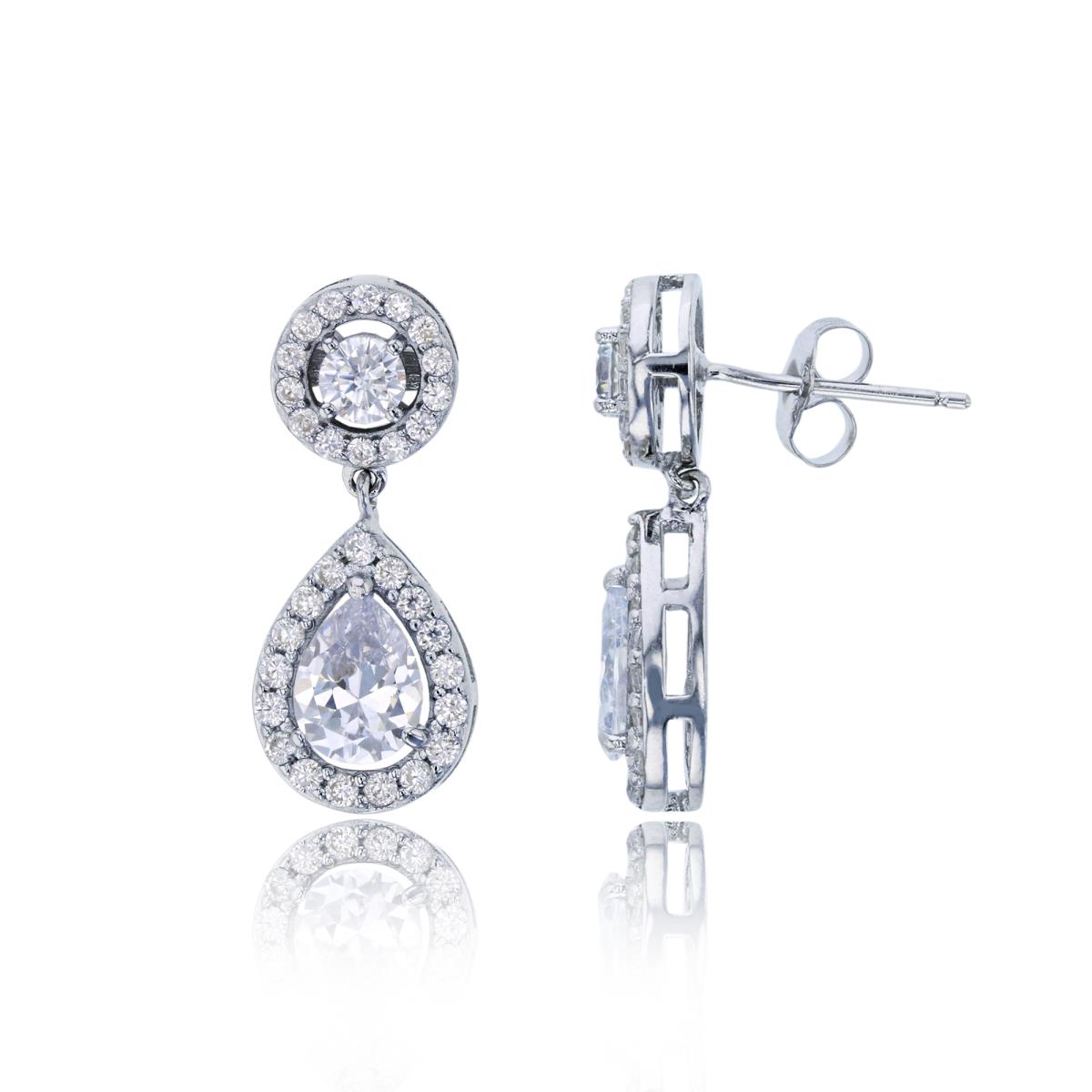 Sterling Silver Rhodium 4mm Round Cut Halo and 8x6mm Pear Cut Halo Dangling Earring
