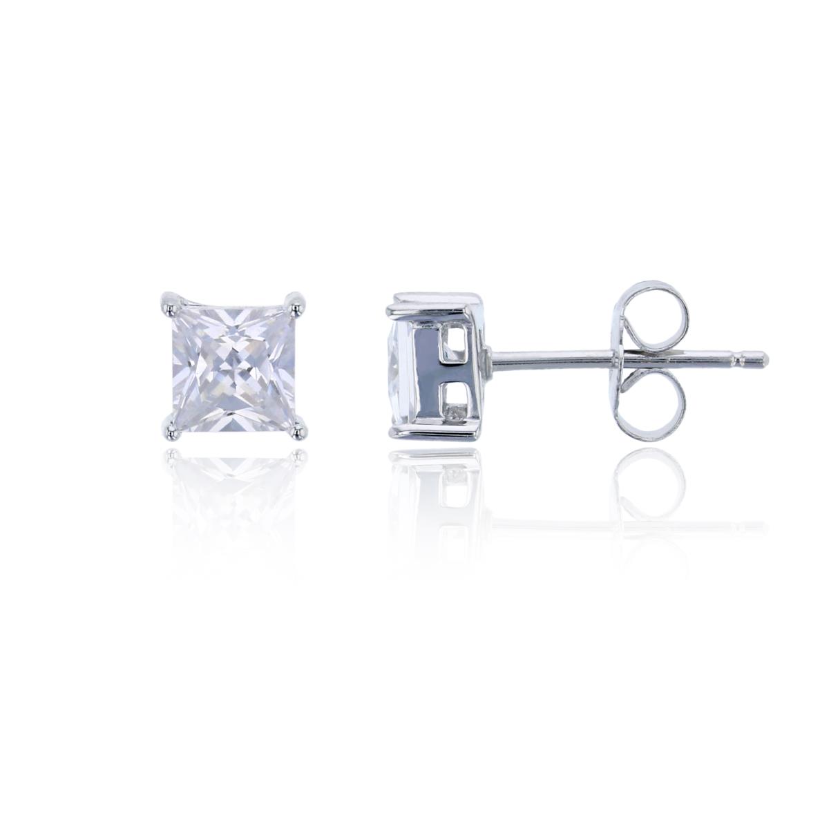 Sterling Silver Rhodium 5mm Princess Cut Solitaire Stud Earring