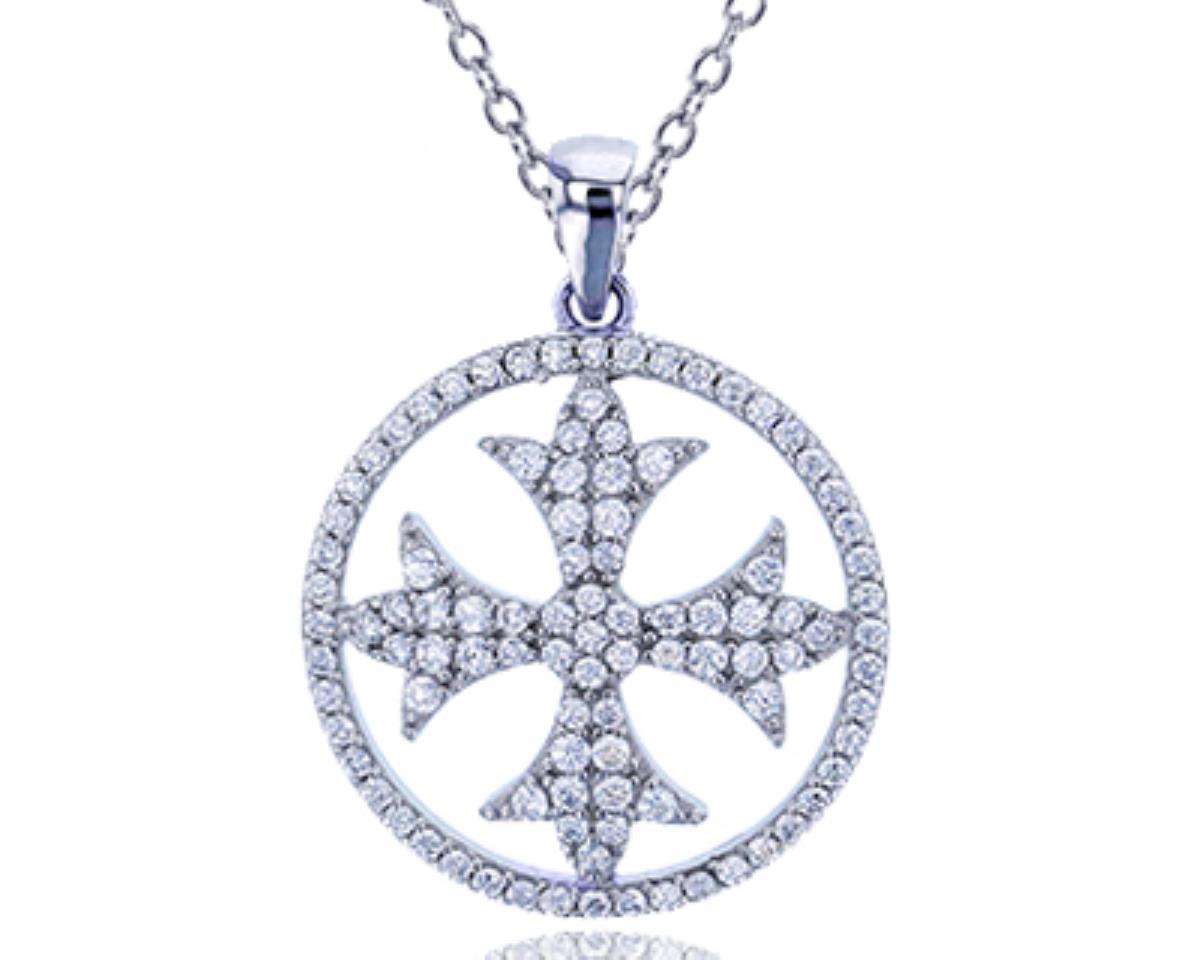 Sterling Silver Rhodium Micropave Round CZ Circle Cross In 18"+2" Extender Necklace