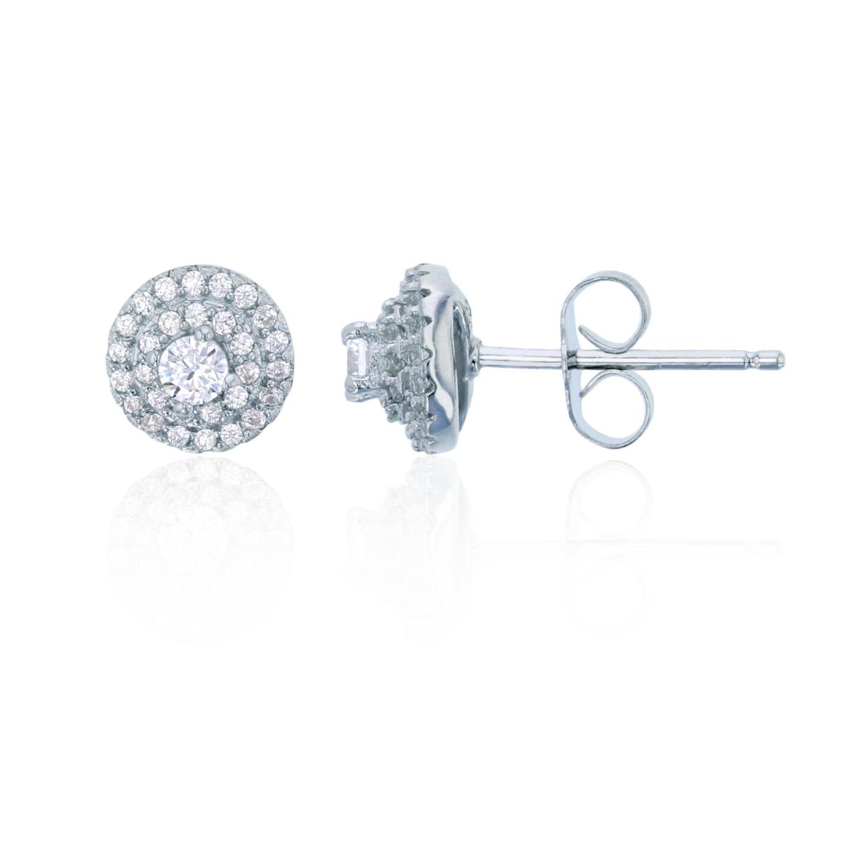 Sterling Silver Rhodium Micropave Double Halo Dome Stud Earring