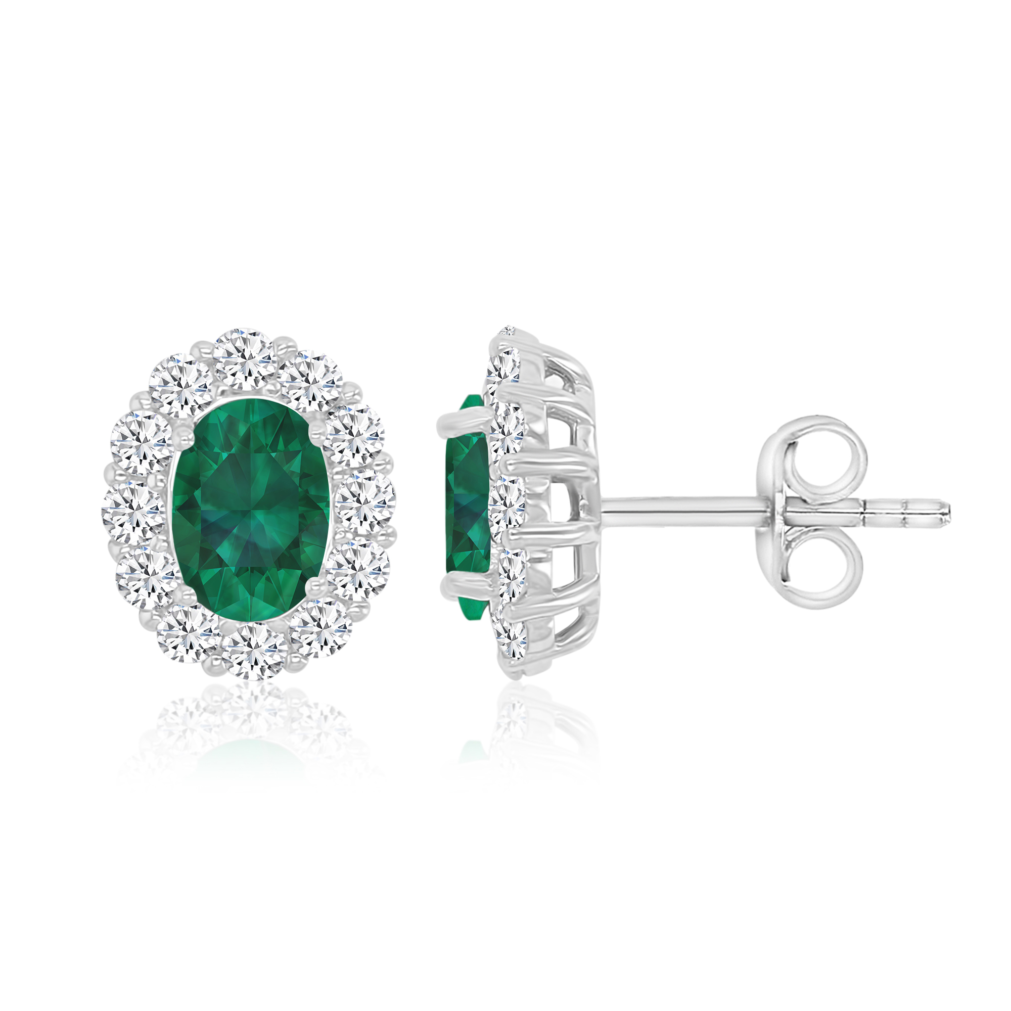 Sterling Silver Rhodium 7x5mm Oval Cut Emerald & Clear CZ Rd Cut Halo Stud Earring