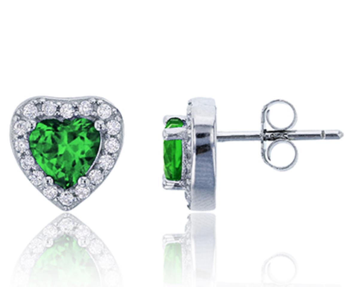Sterling Silver Rhodium 6mm Heart Cut Emerald & CLear CZ Rd Cut Halo Heart Stud Earring
