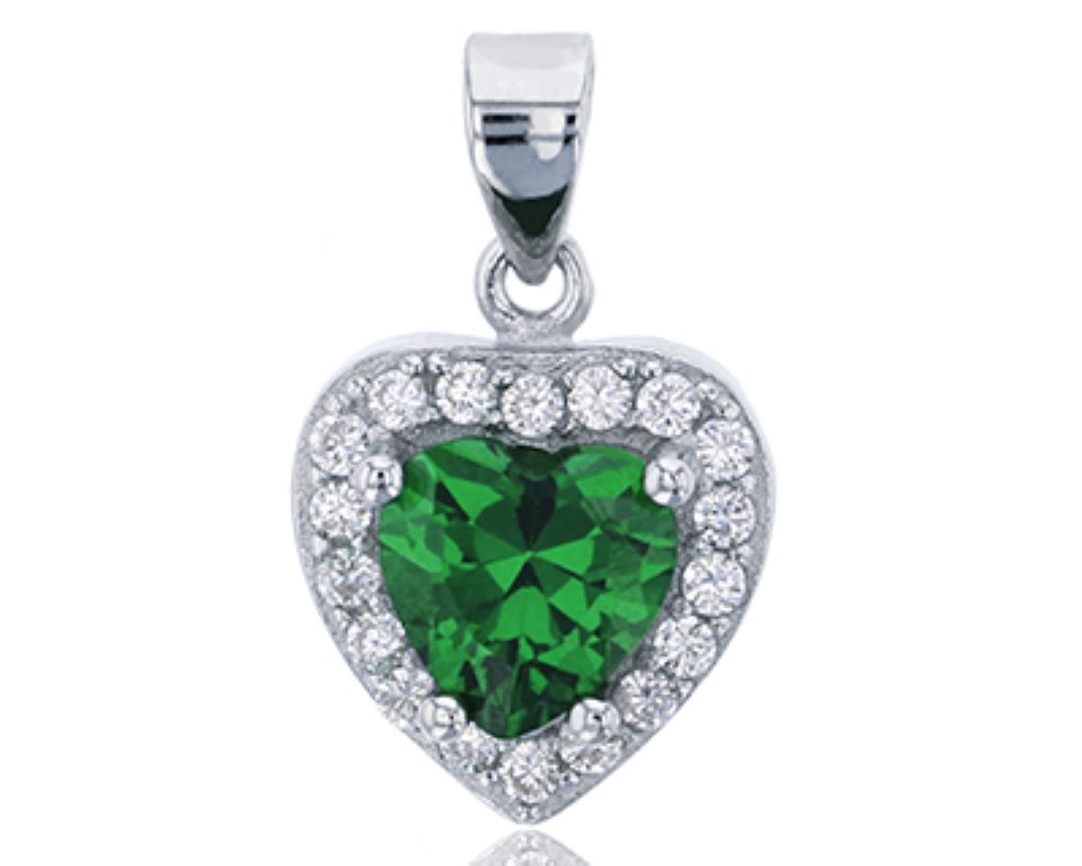 Sterling Silver Rhodium 7mm Heart Cut Emerald & Clear CZ Rd Cut Halo Heart Pendant