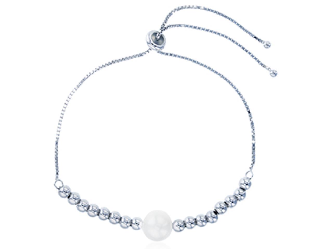 Sterling Silver Rhodium 10mm Freshwater Pearl & HP Beaded Adjustable Bracelet