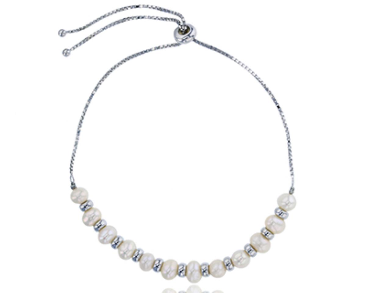Sterling Silver Rhodium 6mm White Pearl Beaded Adjustable Bracelet