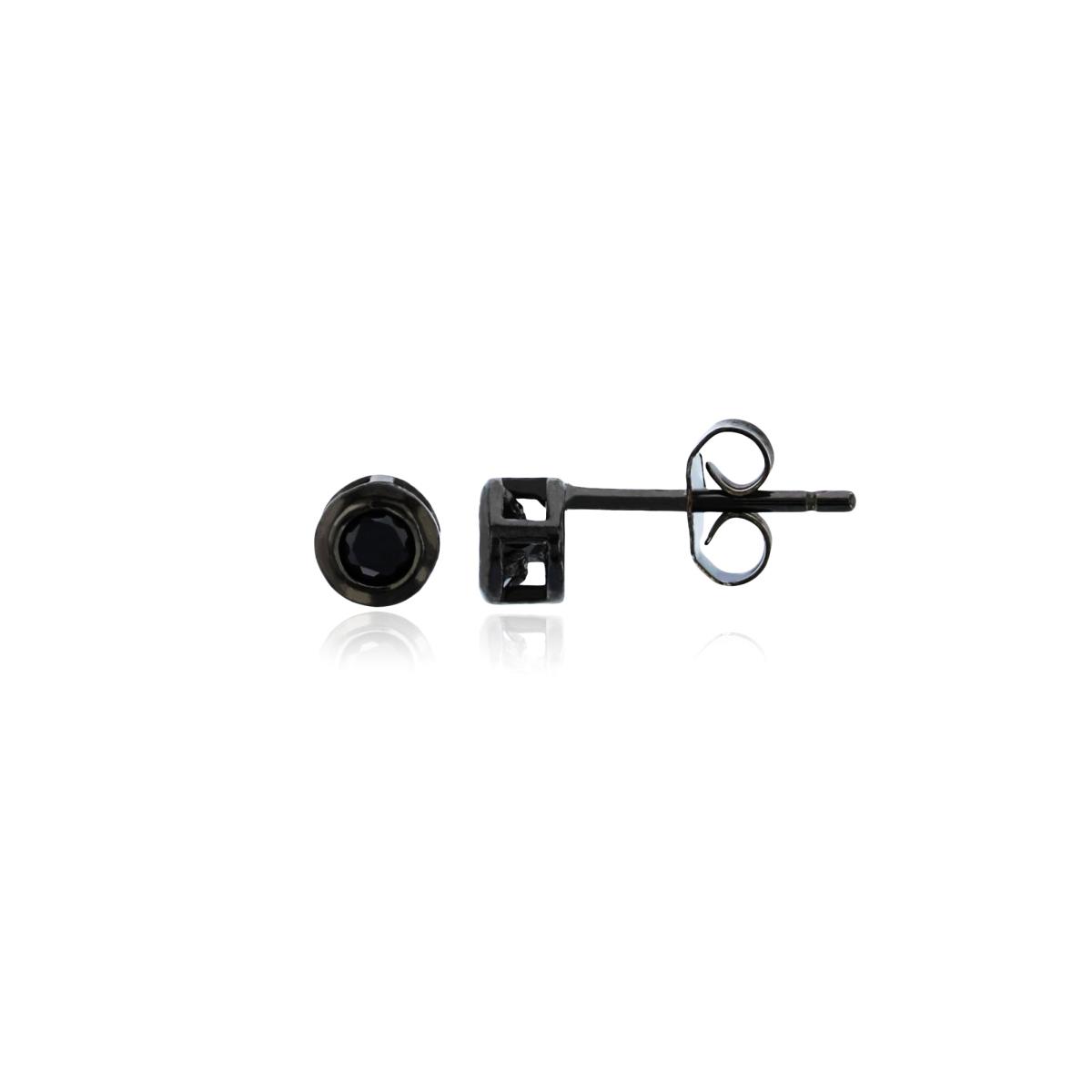Sterling Silver Black 2.00mm Round Cut Black CZ Bezel Stud Earring