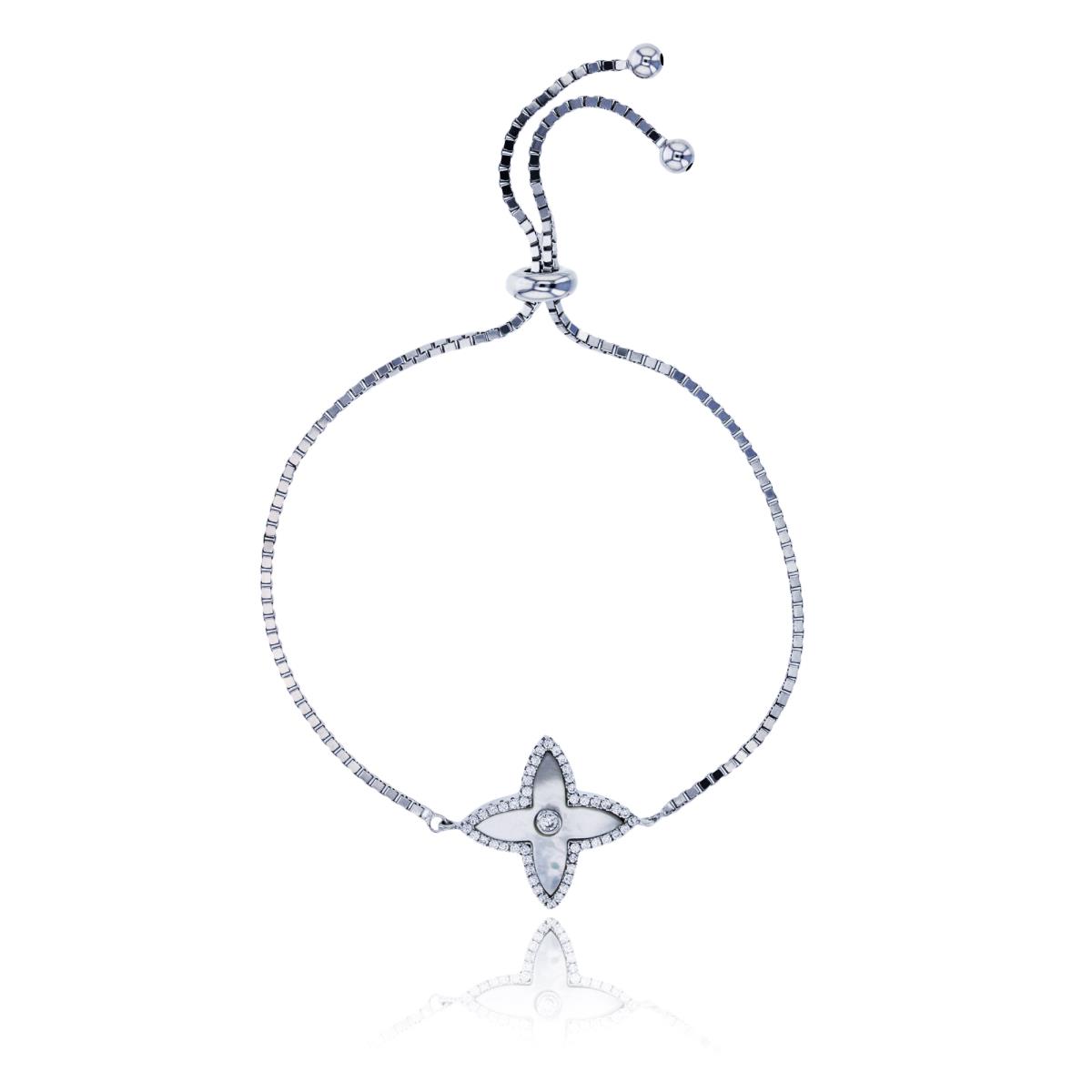 Sterling Silver Rhodium Mother Of Pearl & CZ Borage Flower Adjustable Bracelet