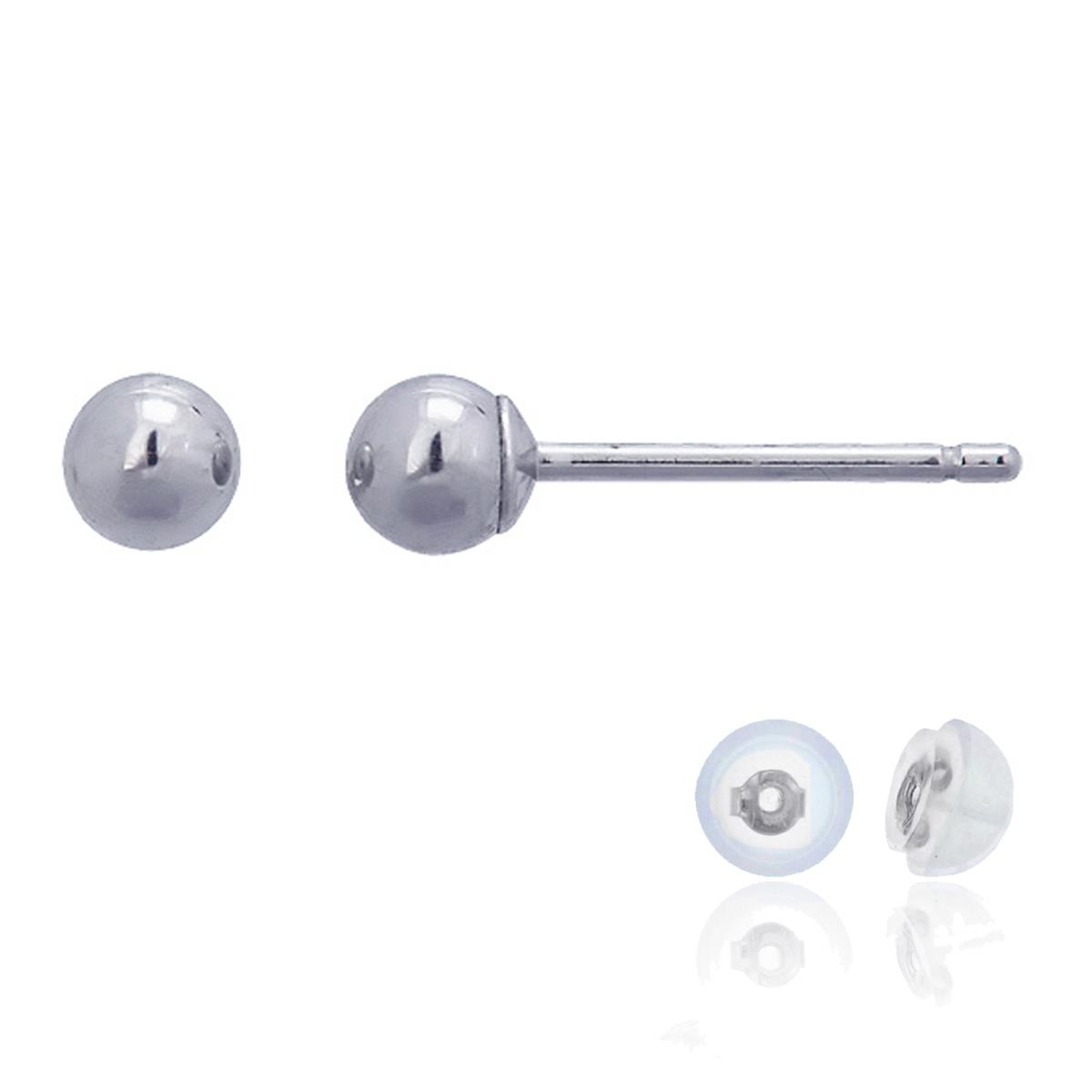 10K White Gold 3mm HP Ball Post Stud Earring & 10K Silicone Back