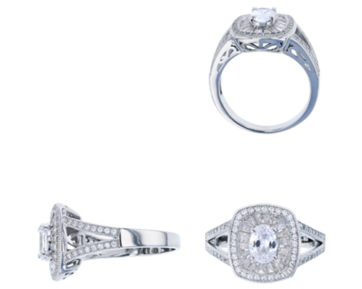 Sterling Silver Rhodium Micropave Round & Baguette Square Split Shank Engagement Ring
