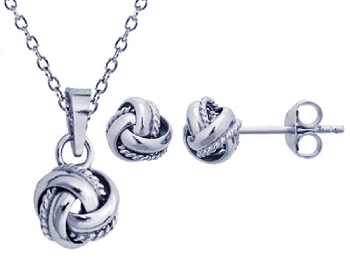Sterling Silver Rhodium 6mm Rope Love Knot Stud and 13+2" Necklace Set