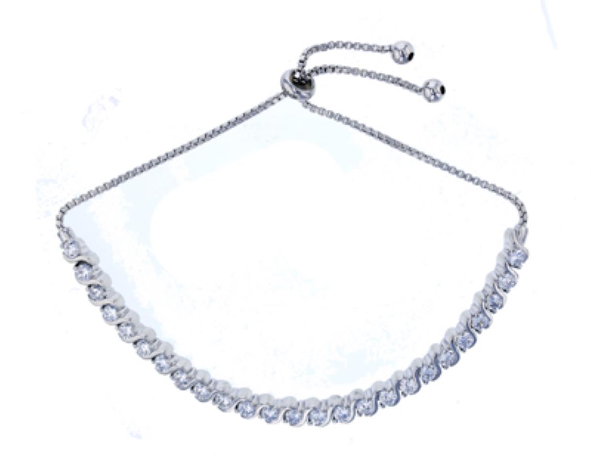 Sterling Silver Rhodium Micropave CZ "S" Tennis Adjustable Bracelet