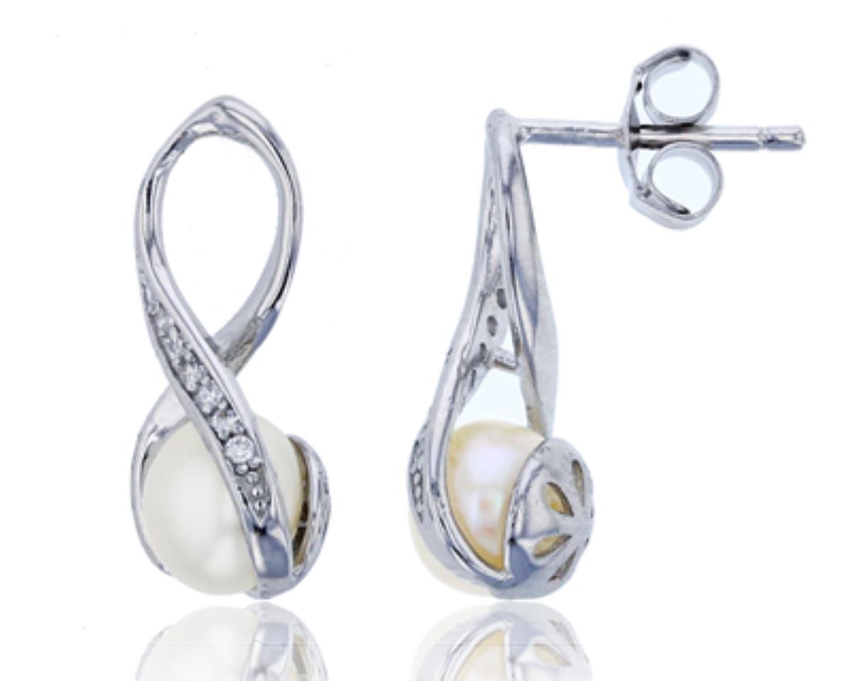 Sterling Silver Rhodium 6mm Fresh Water Pearl & CZ Infinity Drop Earring