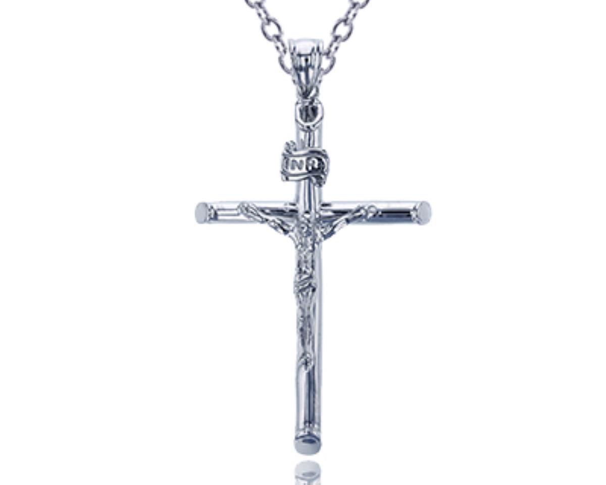 Sterling Silver Rhodium Polished Crucifix Cross 18" Necklace
