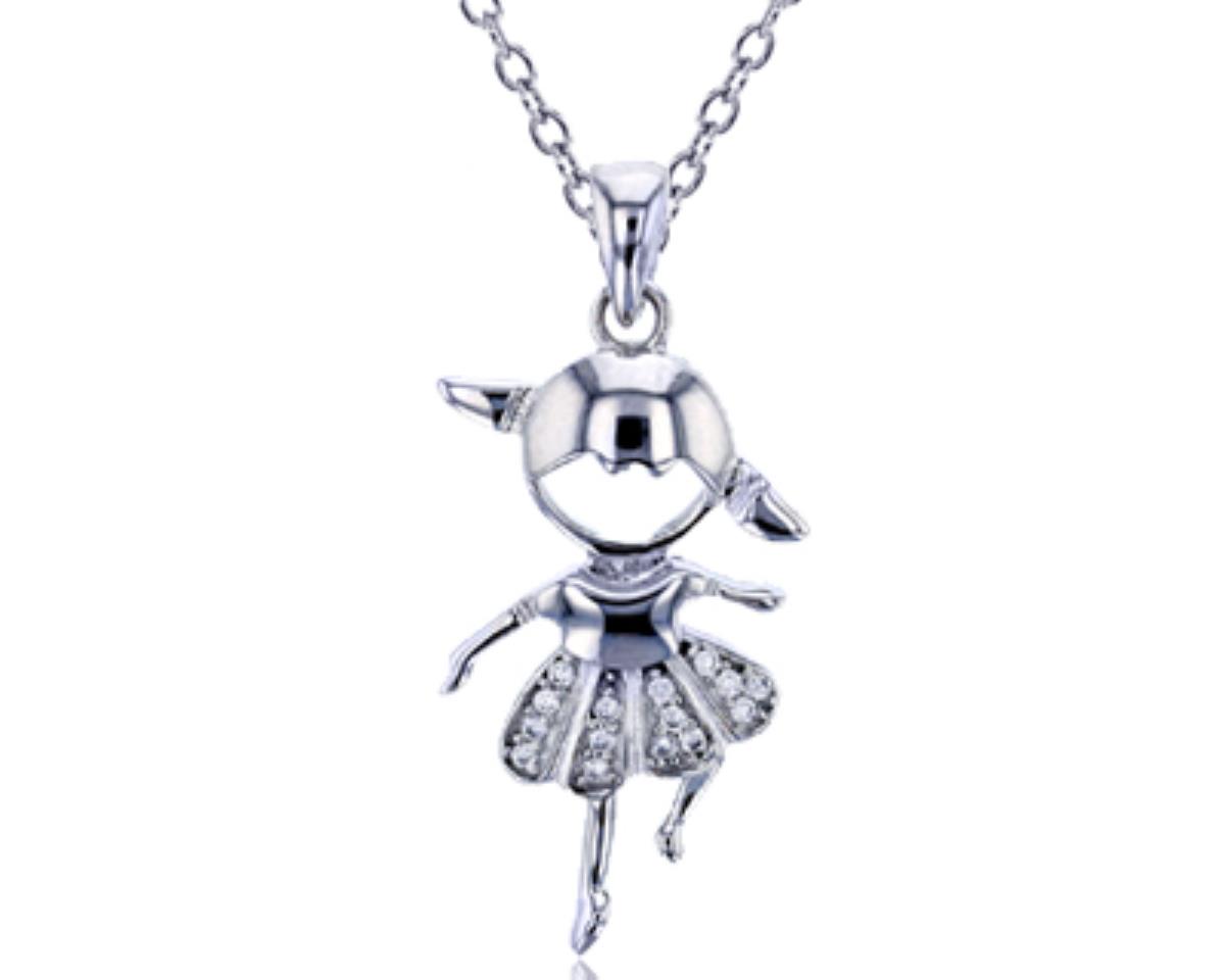 Sterling Silver Rhodium Micropave Round CZ Dancing Little Girl 18" Necklace