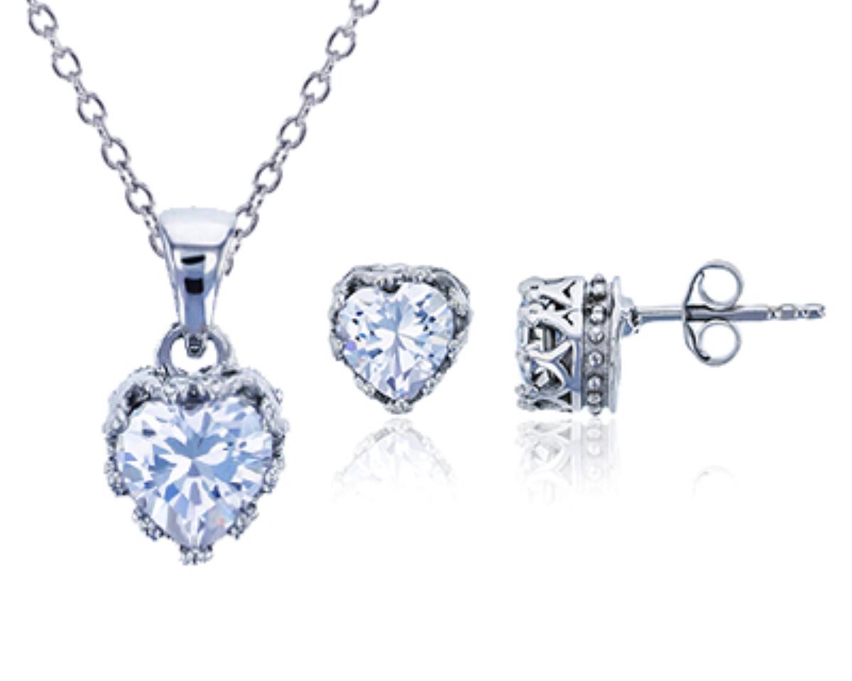 Sterling Silver Rhodium 6mm Heart Clear CZ Crown Studs & Crown Setting 18" Necklace Set