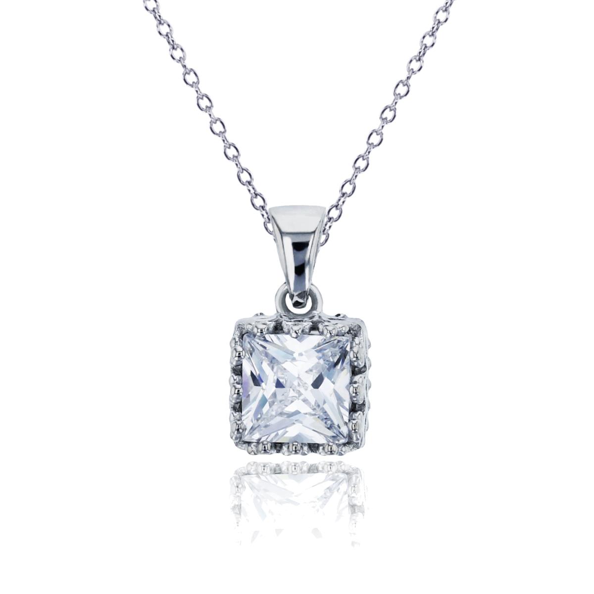 Sterling Silver Rhodium 6mm Sq Clear CZ Crown Setting 18" Necklace
