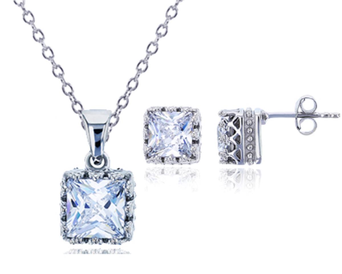 Sterling Silver Rhodium 6mm Square Clear CZ Crown Setting Studs and 18" Necklace Set
