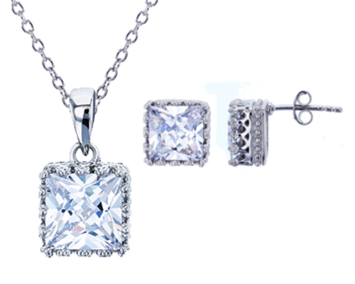 Sterling Silver Rhodium 8mm Square Clear CZ Crown Setting Studs and 18" Necklace Set