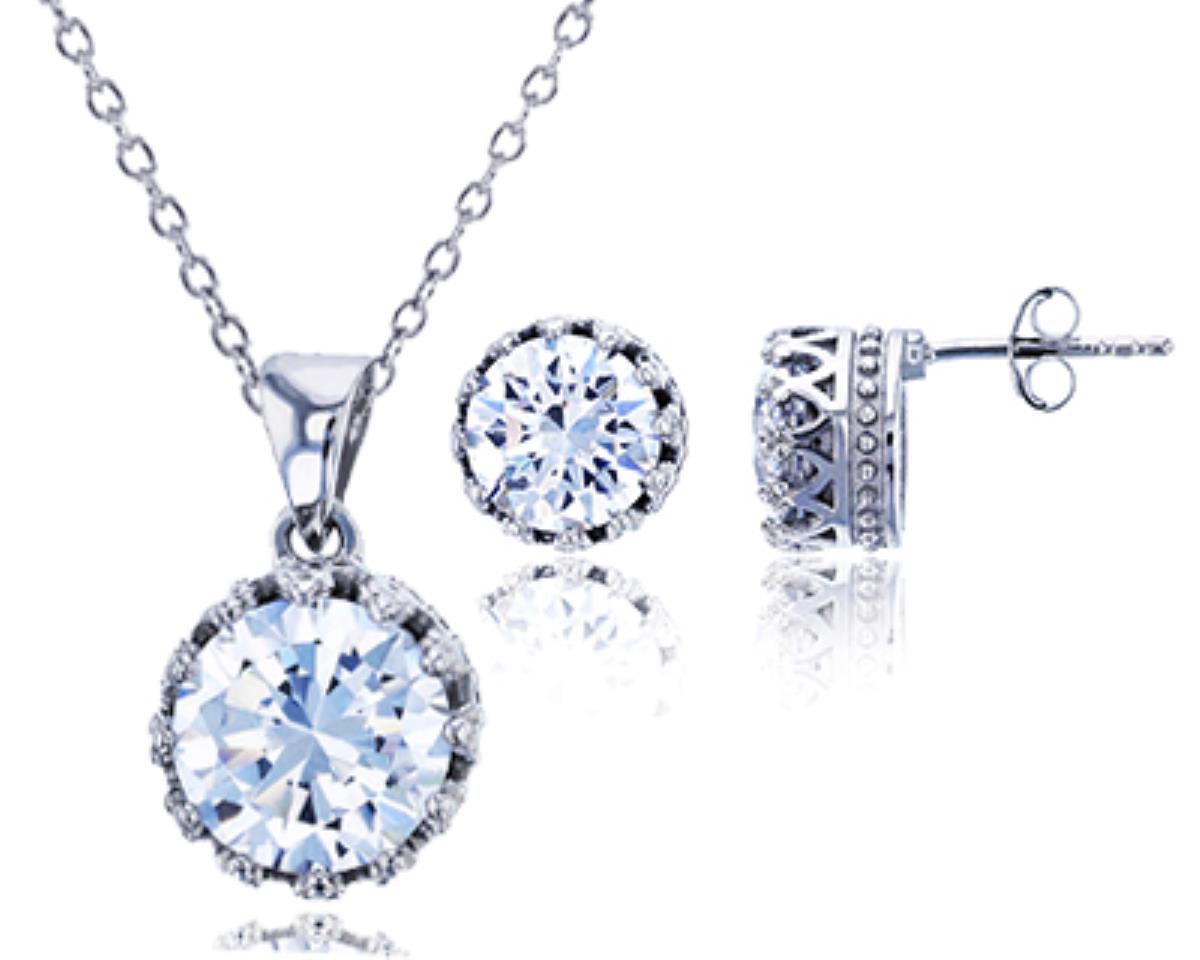 Sterling Silver Rhodium 8mm Round Clear CZ Crown Setting Stud & 18" Necklace Set