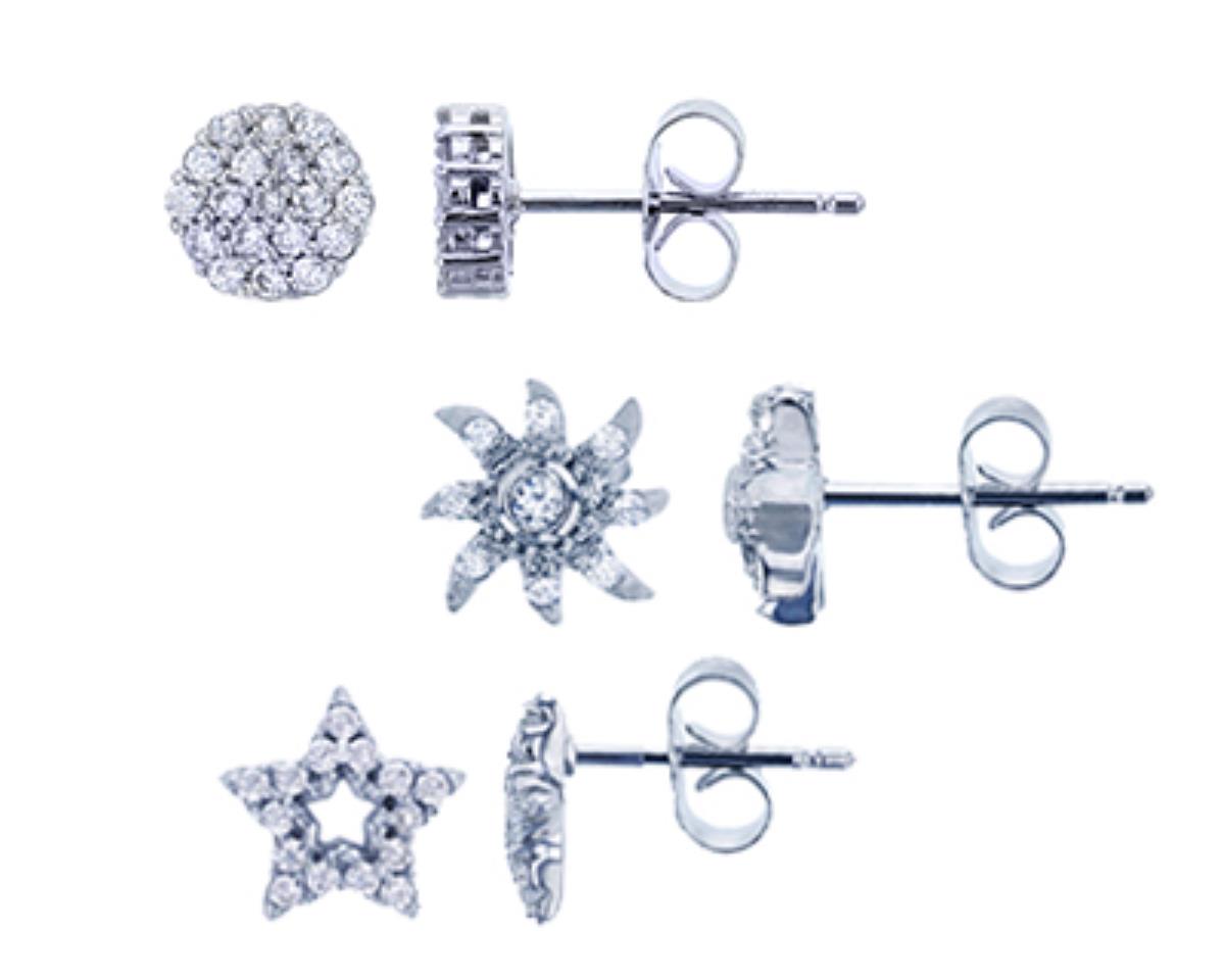 Sterling Silver Rhodium Round CZ Circle ,Open Center Star & Flower Stud Earrings Set