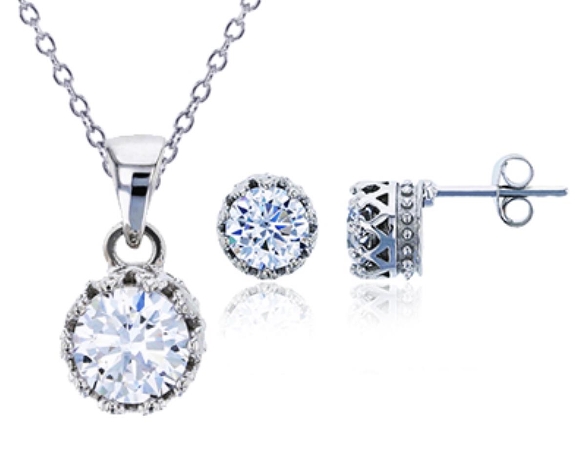 Sterling Silver Rhodium 6mm Round Clear CZ Crown Setting Stud Earring and 18" Necklace Set