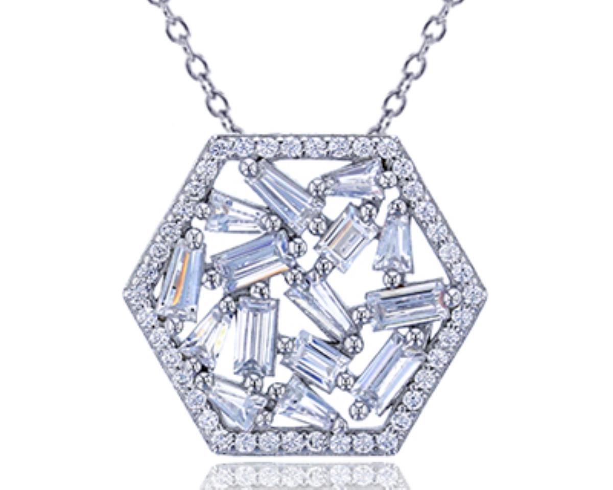 Sterling Silver Rhodium Round & Baguette CZ Hexagon 18" Necklace