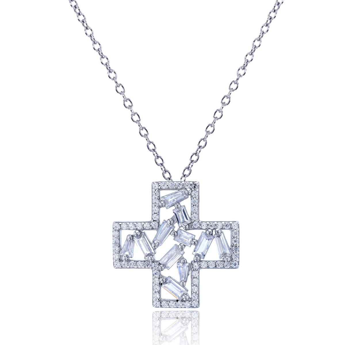 Sterling Silver Rhodium Pave Round & Baguette CZ Cross 18" Necklace