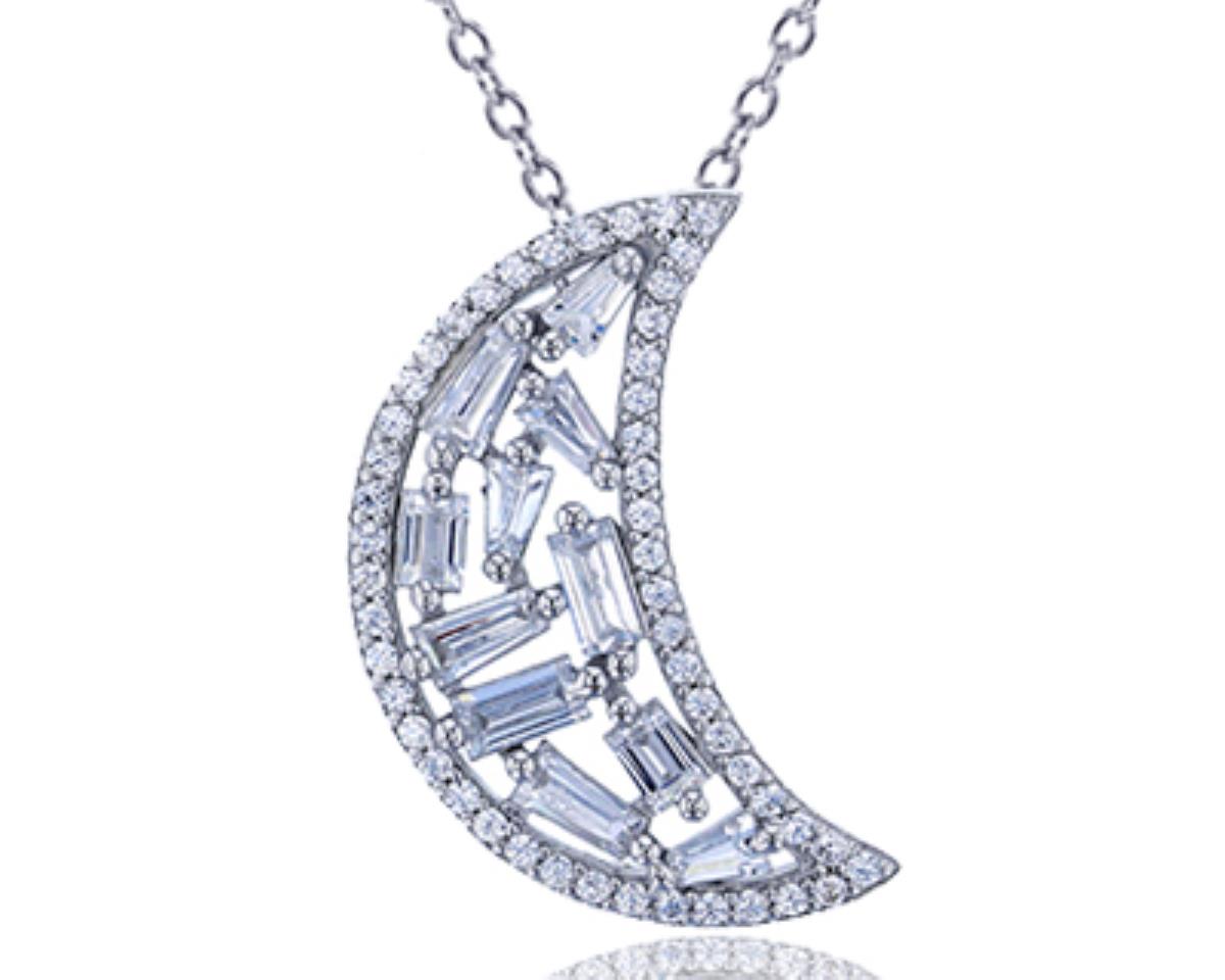 Sterling Silver Rhodium Round& Baguette CZ Crescent Moon 18" Necklace