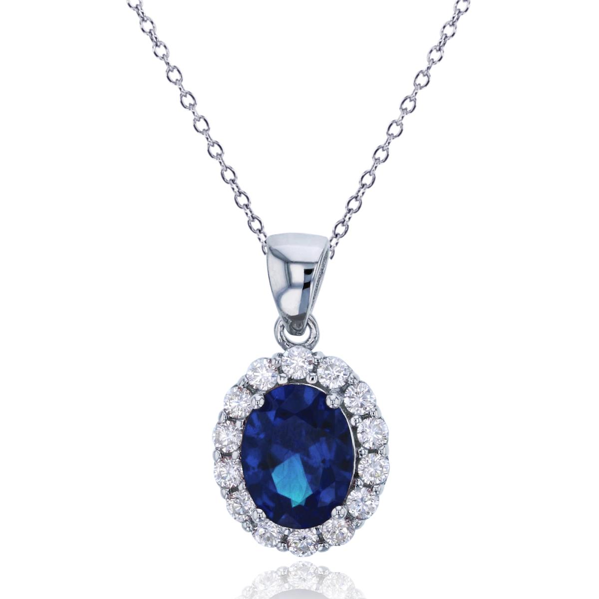 Sterling Silver Rhodium 9x7mm Oval Cut Sapphire & Clear CZ 18"+2" Necklace