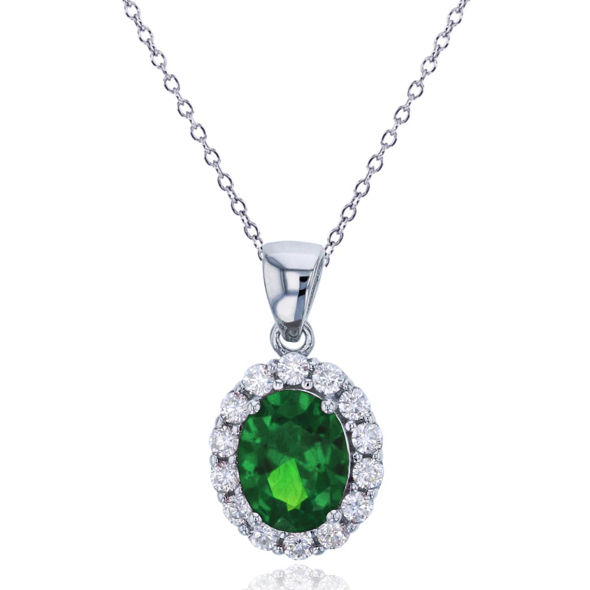 Sterling Silver Rhodium 9x7mm Oval Cut Emerald & Clear CZ 18"+2" Necklace