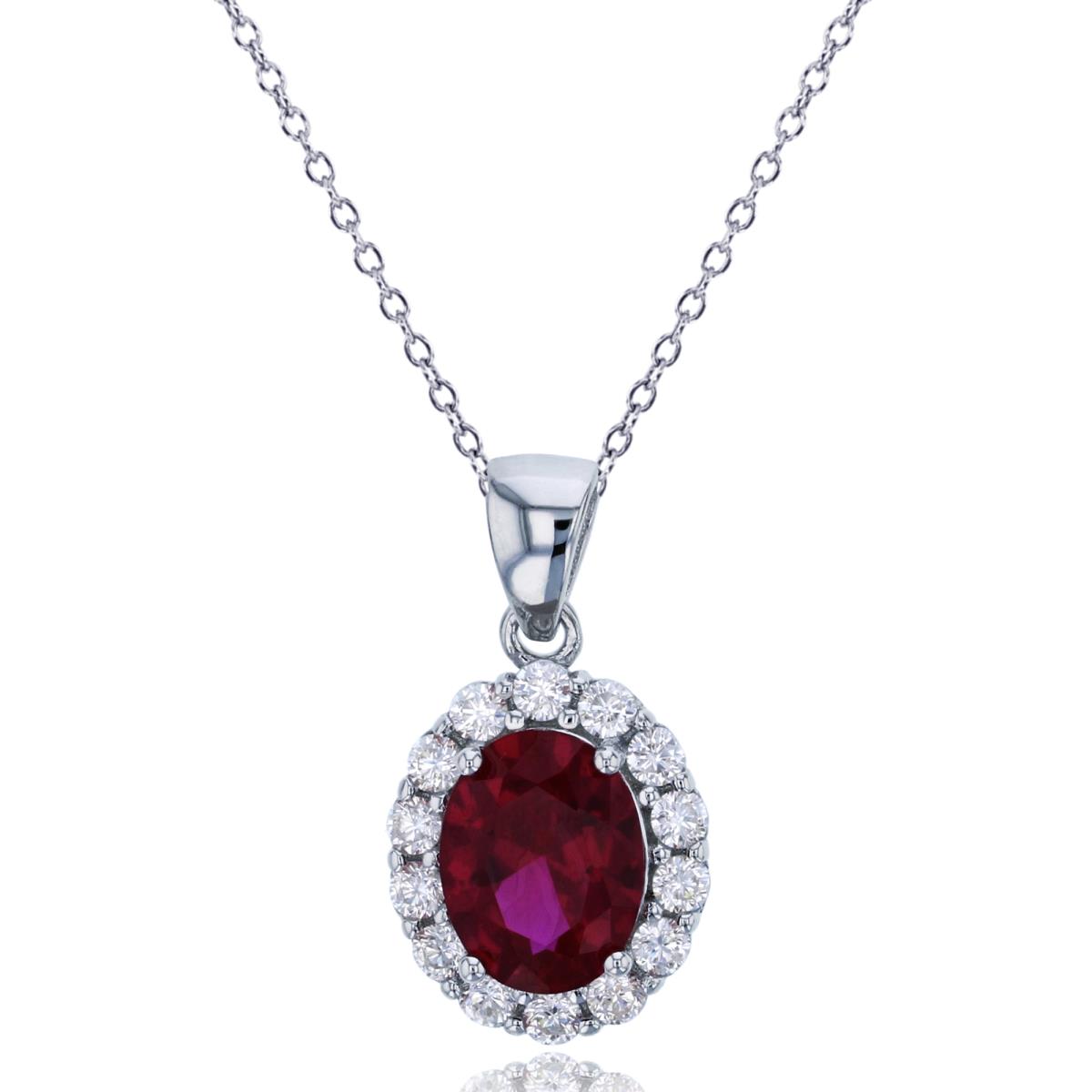 Sterling Silver Rhodium 9x7mm Oval Cut Ruby & Clear CZ 18"+2" Necklace
