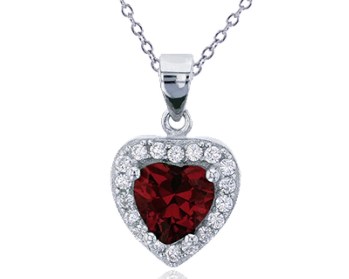 Sterling Silver Rhodium 7mm Heart Cut Ruby & Clear CZ 18"+2" Necklace