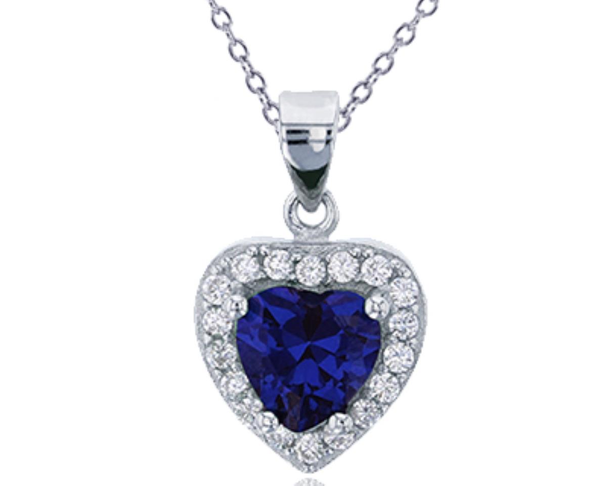 Sterling Silver Rhodium 7mm Heart Cut Sapphire & Clear CZ 18"+2" Necklace