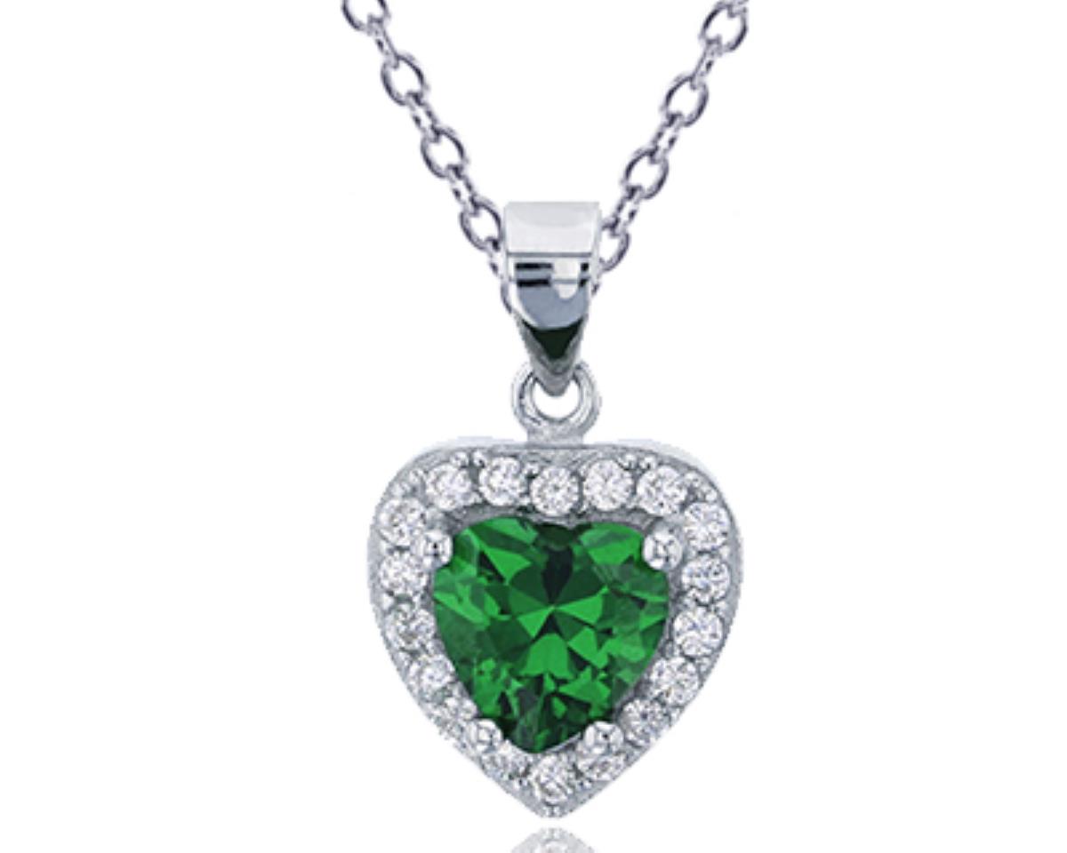 Sterling Silver Rhodium 7mm Heart Cut Emerald & Clear CZ 18"+2" Necklace