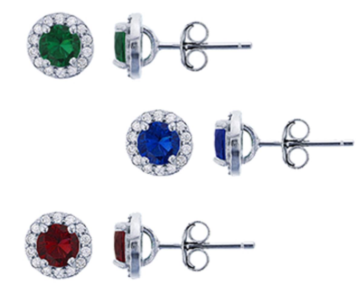 Sterling Silver Rhodium 4.5mm Round Cut Ruby& Clear, Emerald&Clear, Sapphire&Clear CZ Stud Earrings Set