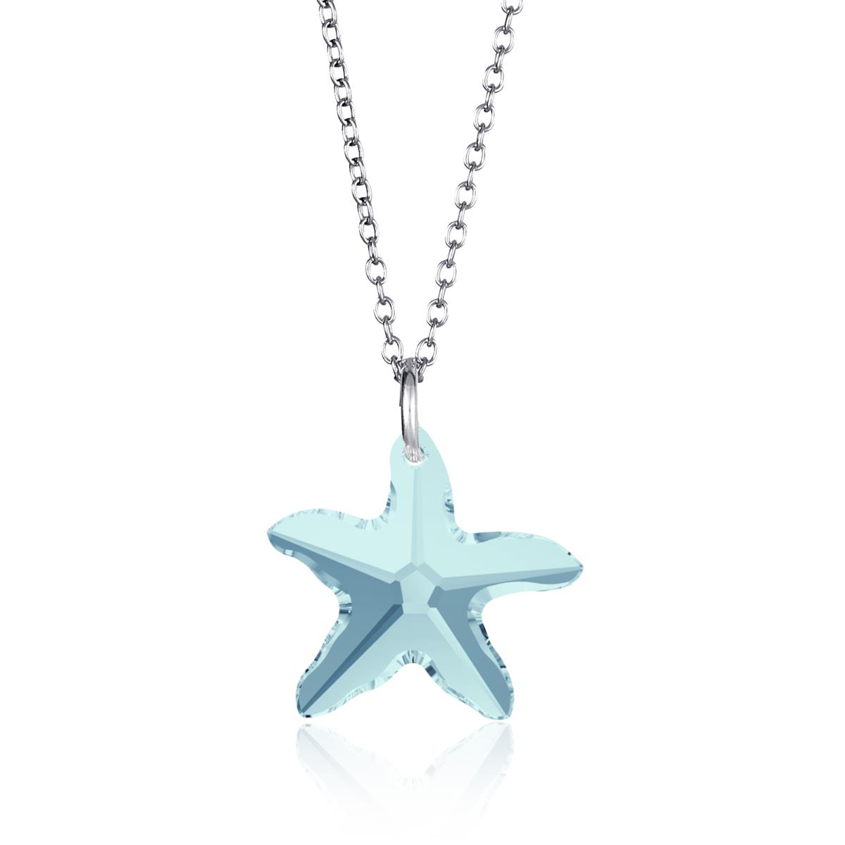 Sterling Silver Rhodium Aquamarine 20mm Starfish Swarovski Crystal 18" Necklace