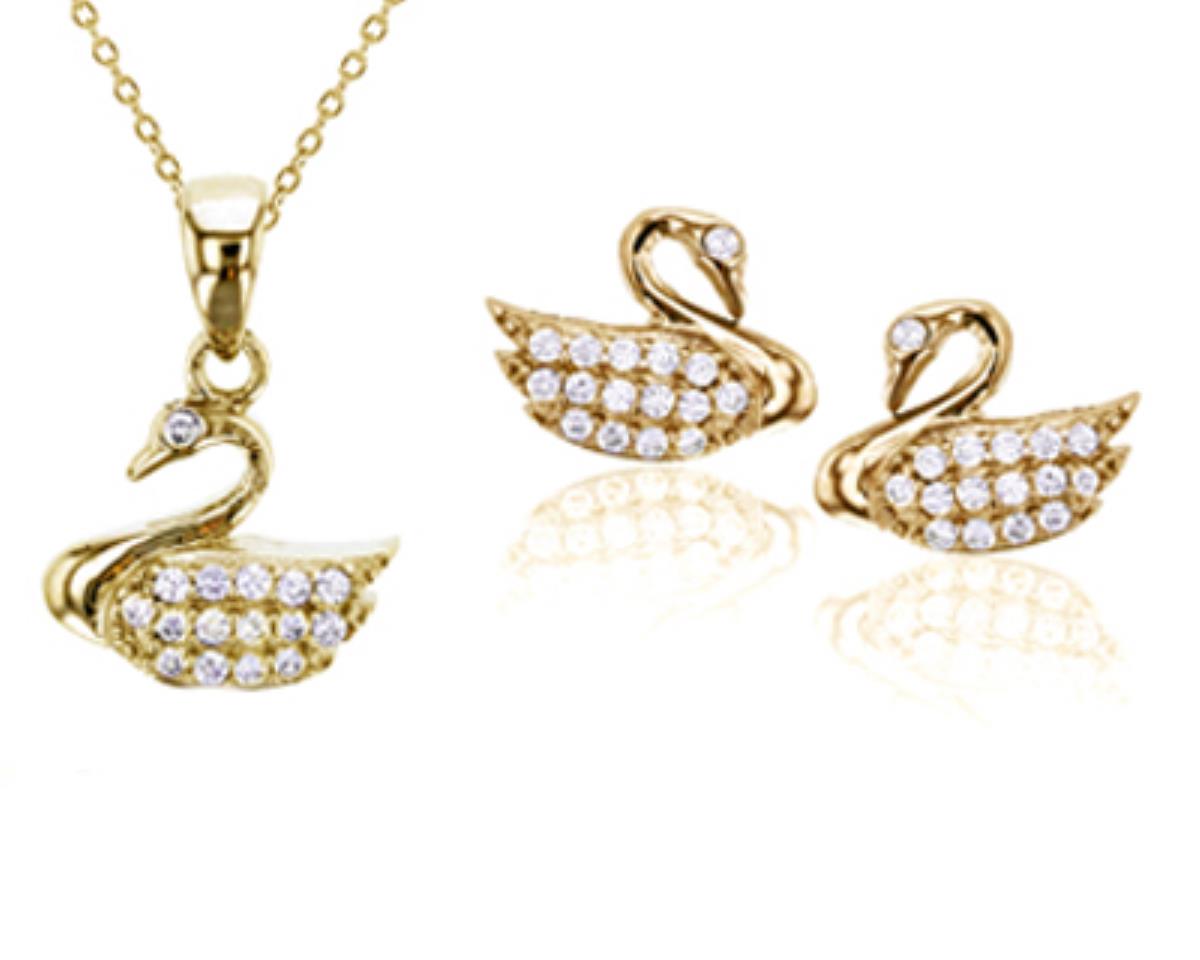 Sterling Silver Yellow Micropave Swan Earring and 18" Necklace Set