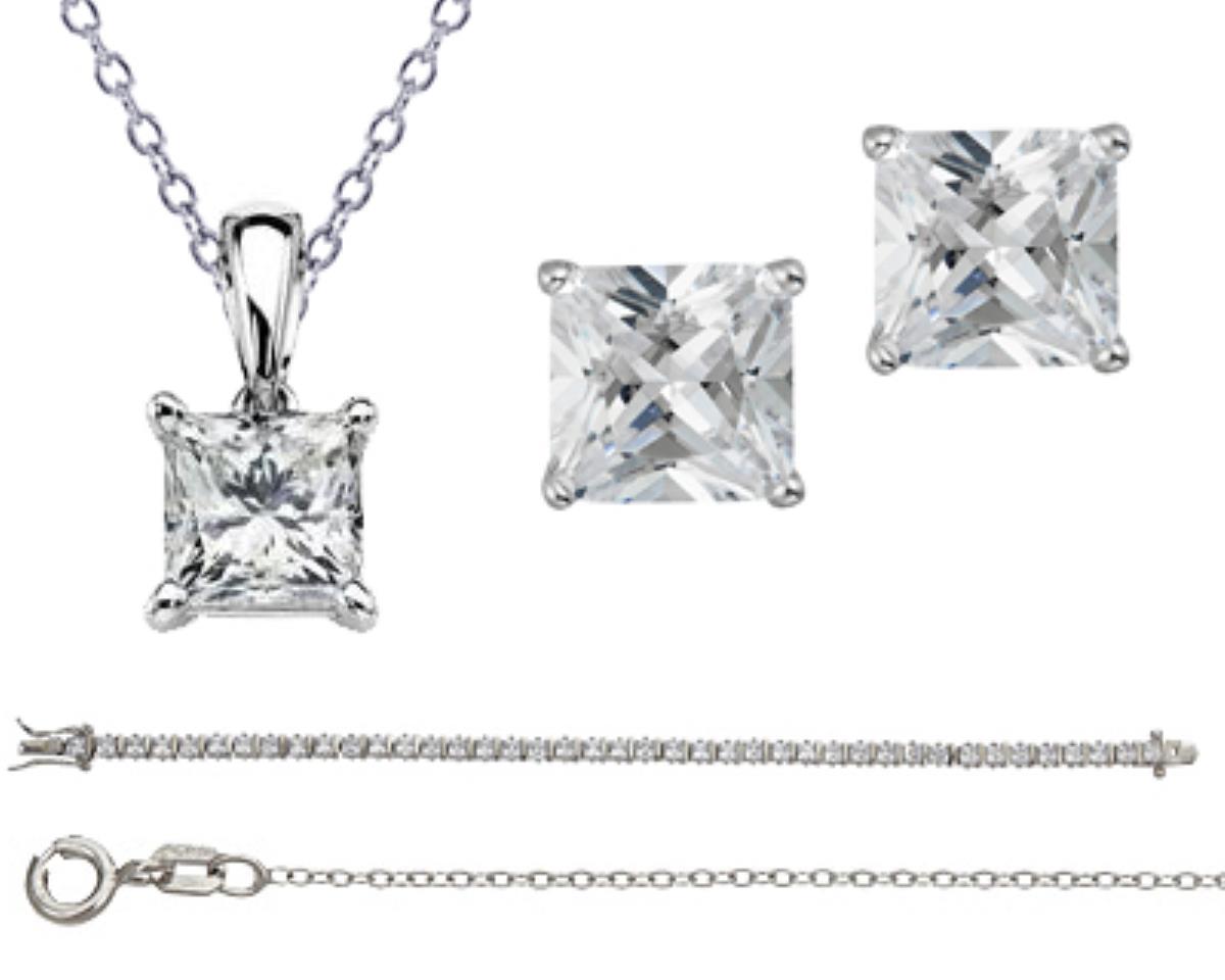 Sterling Silver Rhodium Princess Cut Stud, Bracelet and 18" Necklace Set