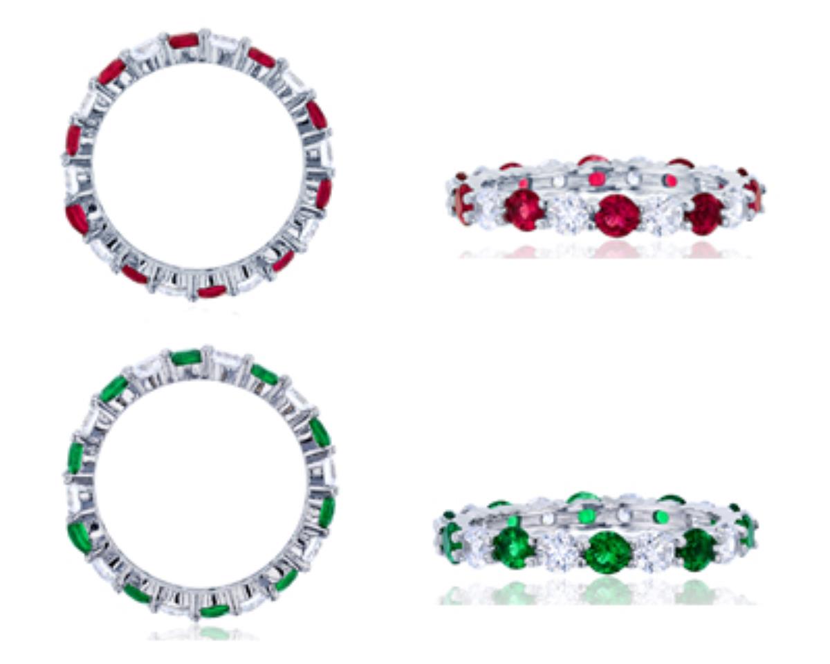 Sterling Silver Rhodium Alternating Emerald&Clear and Ruby&Clear Eternity Ring Set