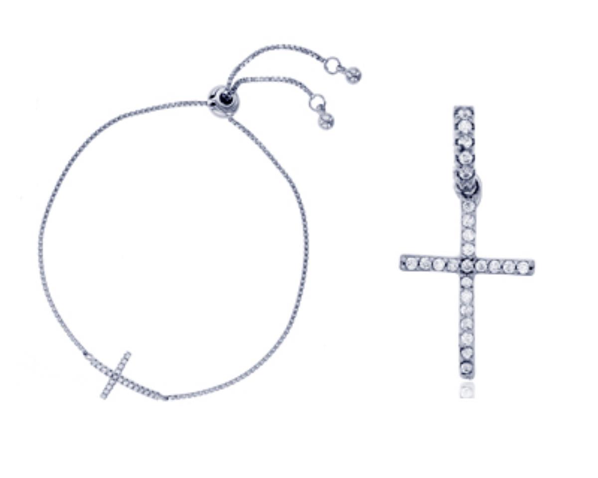 Sterling Silver Rhodium Pave Cross Adj Bracelet and 18" Necklace Set