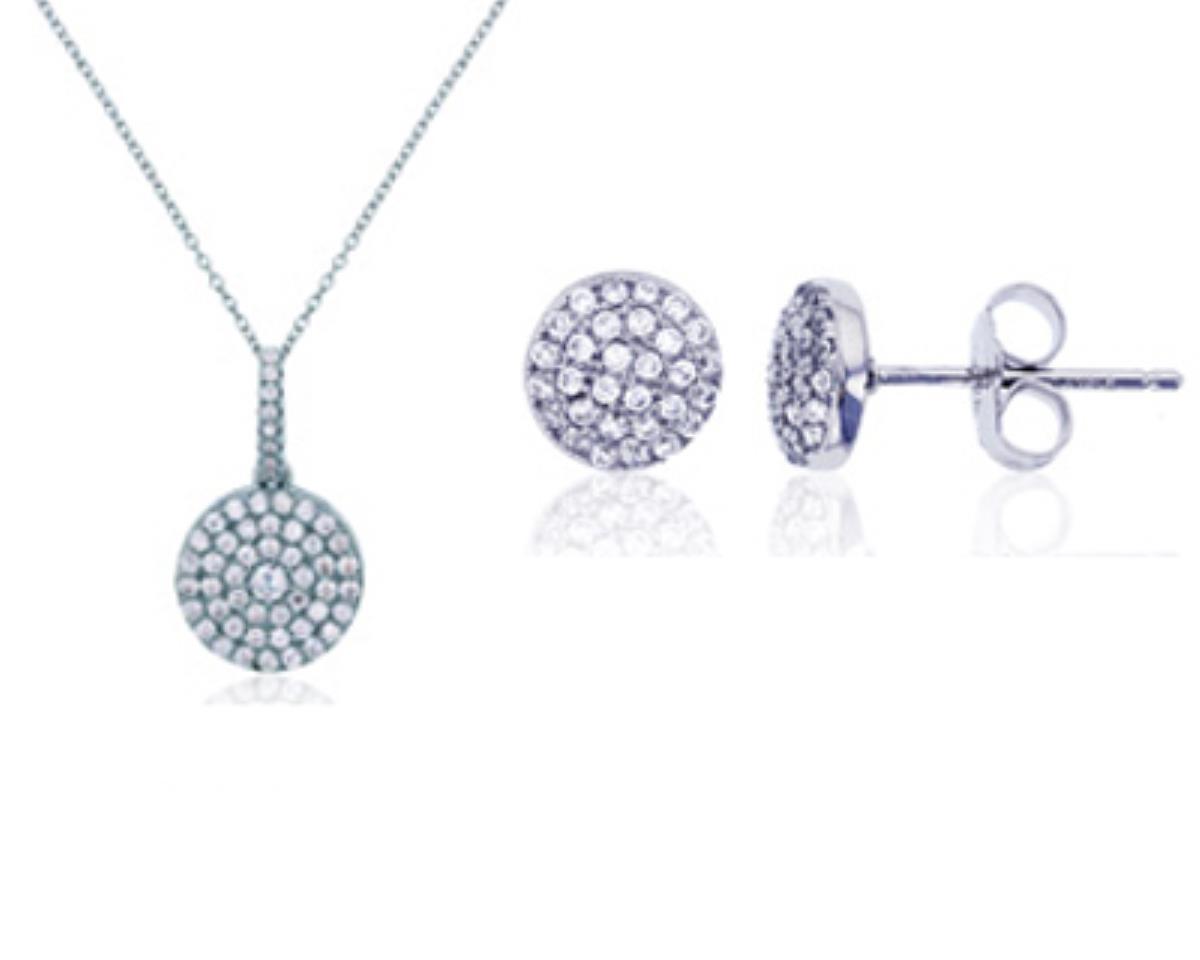 Sterling Silver Rhodium Pave CZ Circle Stud and 18" Necklace Set